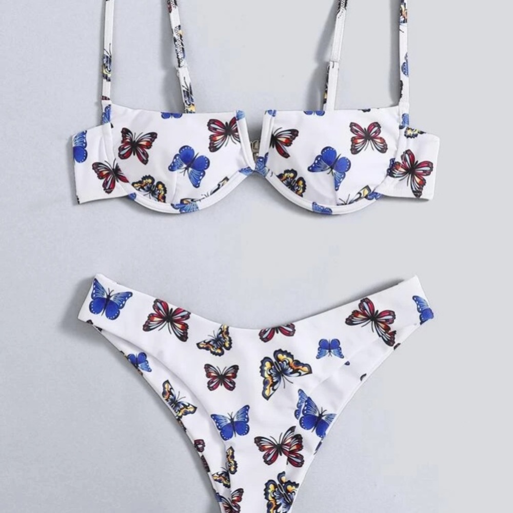 Butterfly Print V Wired Underwire Bikini Swimsuit